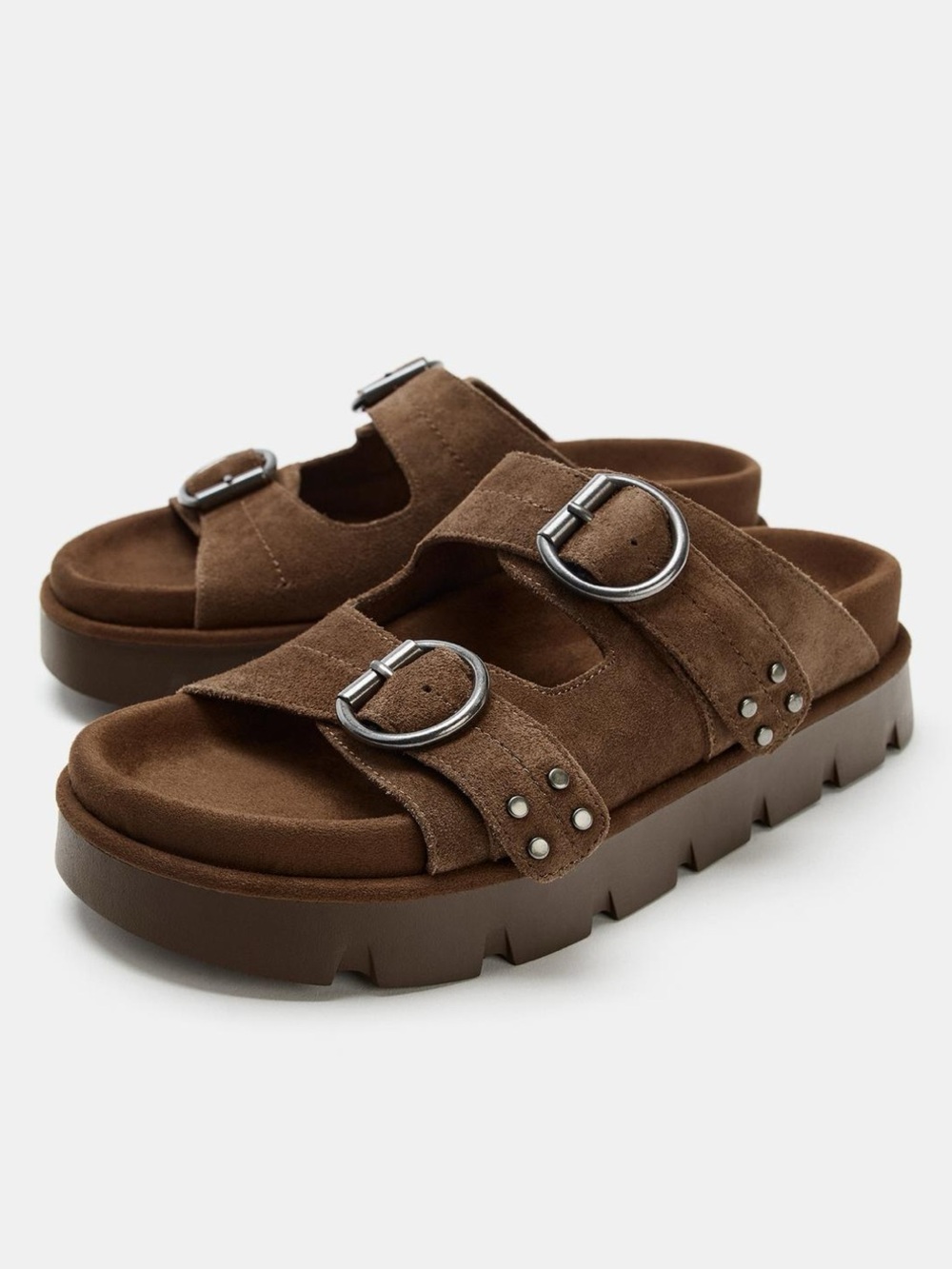 Zara Buckled Suede Platform Sandals in a dark tan color - Picture 4 of 8